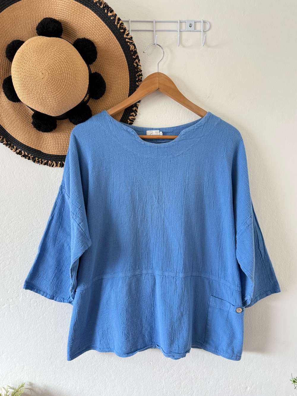 Pretty by Ezzewear Blue Gauzy Cotton Knit Top 2X Boho Lagenlook